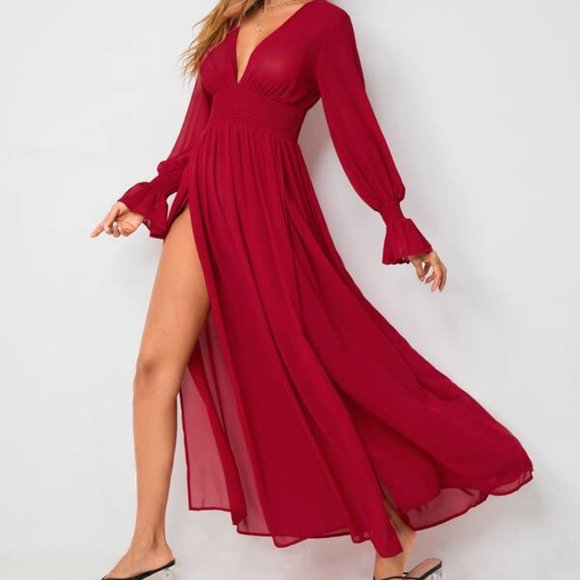 Boho red shirred waist wrap hem maxi dress - Picture 5 of 5